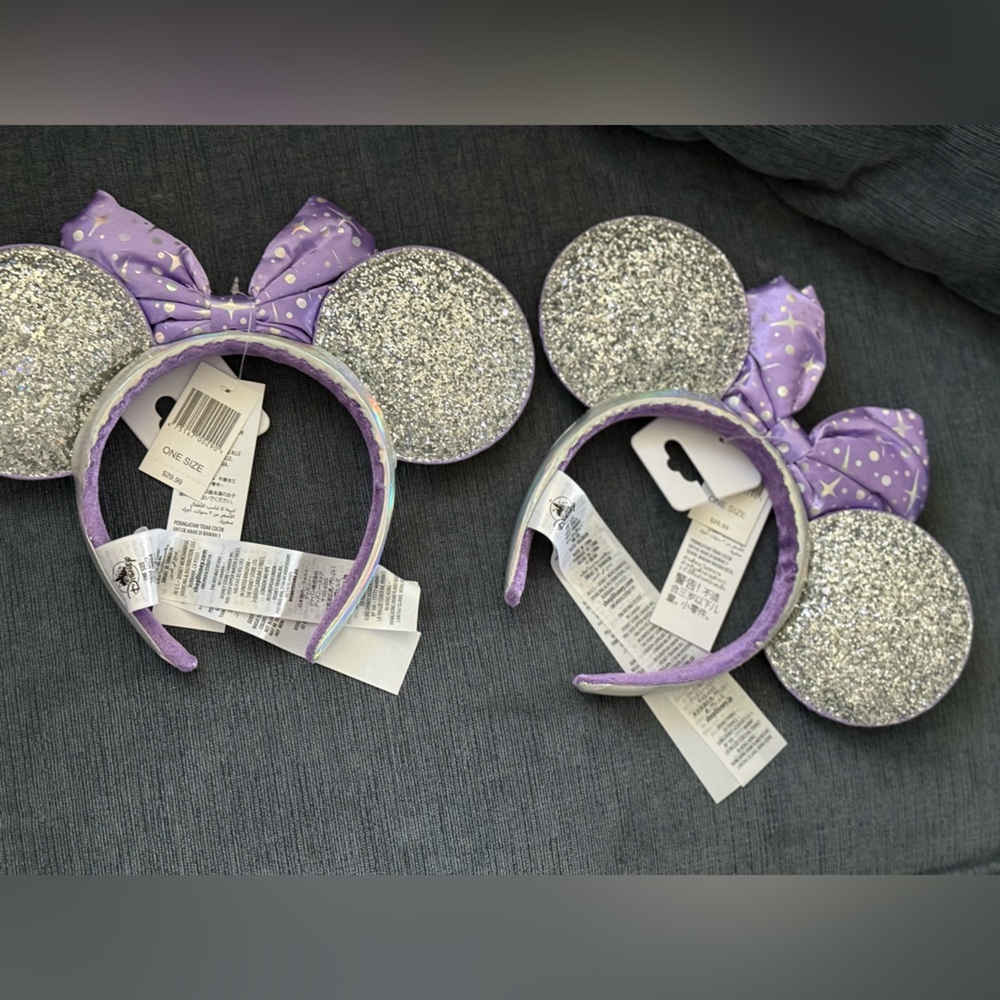 Set of TWO Disney Glittery Silver and Purple Minnie Mouse Ears Headbands. NWT